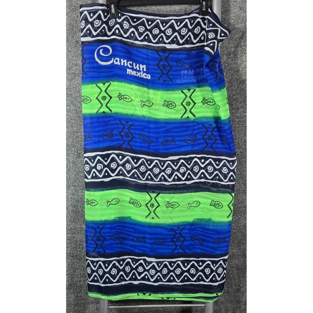 Cancun Mexico Souvenir Scarf Sarong Coverup Blue Green Fish Geometric 41x68